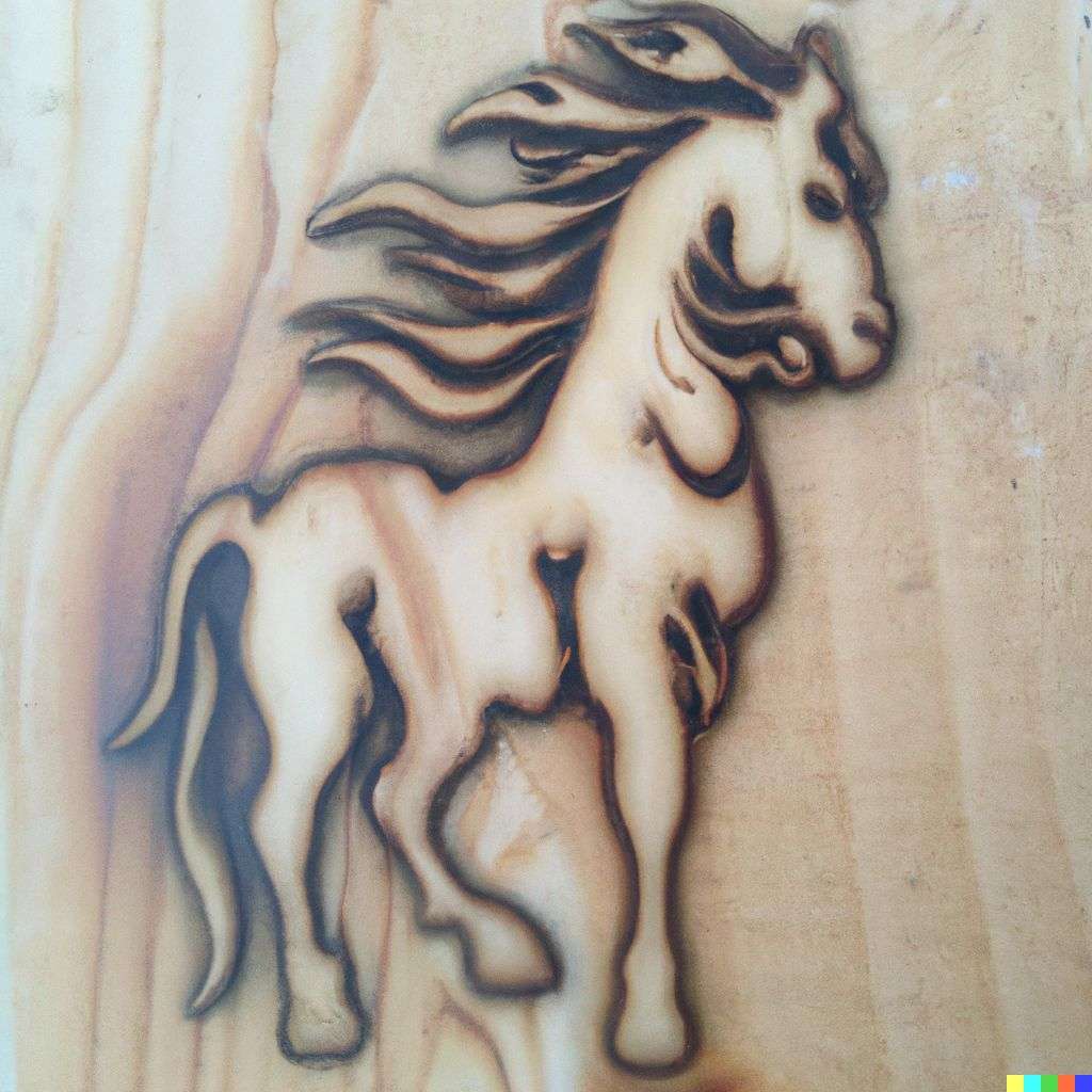 a horse, pyrography on a piece of wood